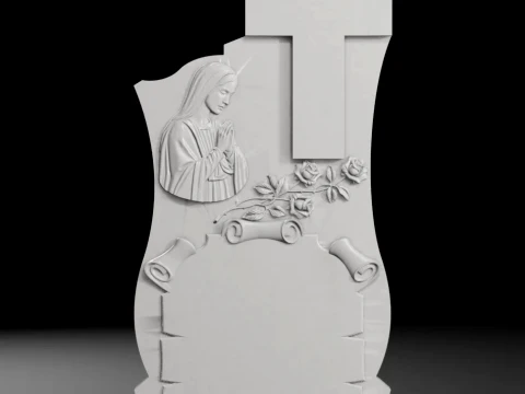 Straight Cross with Scroll and Virgin Mary Tombstone STL 3D Print Model