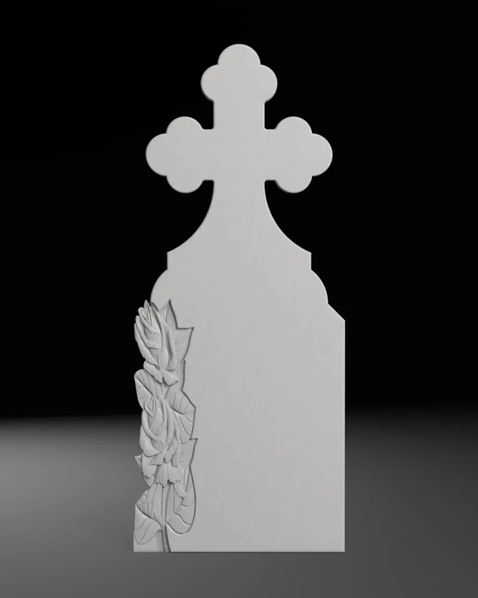 Trefoil-Top Cross with Side Rose - Tombstone STL for CNC 3D Print Model .c4d .max .obj .3ds .fbx .stl .blend 