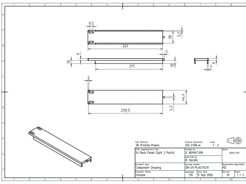 19 inch 1U Blank Server Rack Panel - CNC and 3D Print Ready 3D Print Model