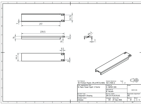 19 inch 1U Blank Server Rack Panel - CNC and 3D Print Ready 3D Print Model