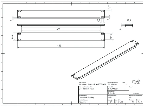 19 inch 1U Blank Server Rack Panel - CNC and 3D Print Ready 3D Print Model
