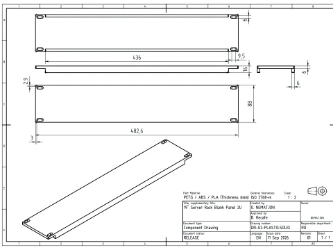 19 inch 2U Blank Server Rack Panel - CNC and 3D Print Ready 3D Print Model