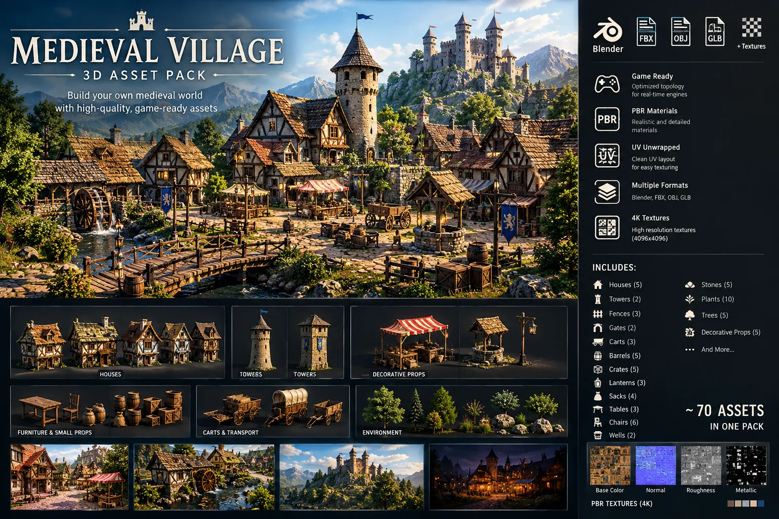 Medieval Village Pack Low Poly Game Environment 3D Model .c4d .max .obj .3ds .fbx .stl .blend 