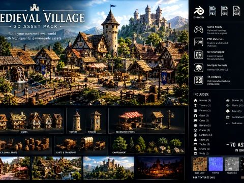 Medieval Village Pack Low Poly Game Environment Model 3D