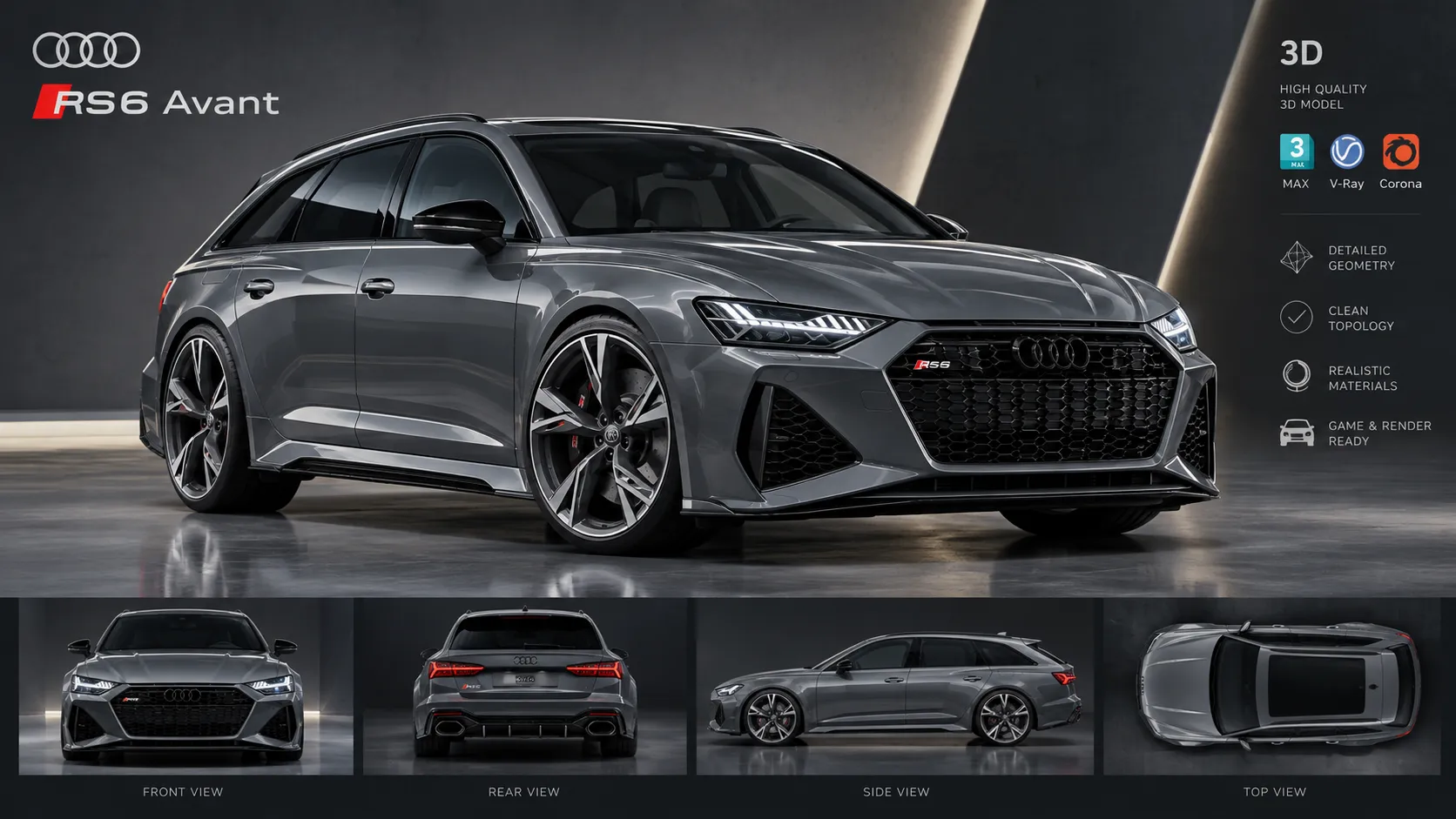 Audi RS6 Avant Exterior Low-poly 3D Model .c4d .max .obj .3ds .fbx .stl .blend