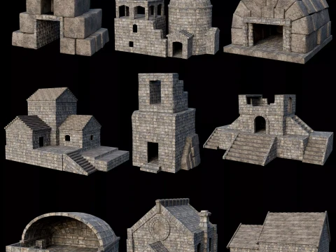 STONE BUILDING CONSTRUCTION HOUSE TEMPLE ANCIENT RUIN COLLECTION Low-poly Modèle 3D