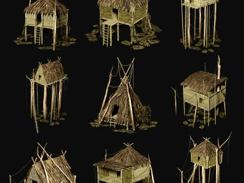 JUNGLE SWAMP STILT HUT SHELTER COTTAGE AAA COLLECTION Low-poly 3D Model