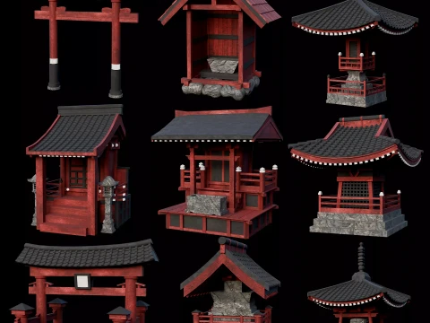 COLE&Ccedil;&Atilde;O DE ESTRUTURAS DE CIDADE FEUDAL MEDIEVAL ASI&Aacute;TICA JAPONESA Low-poly Modelo 3D