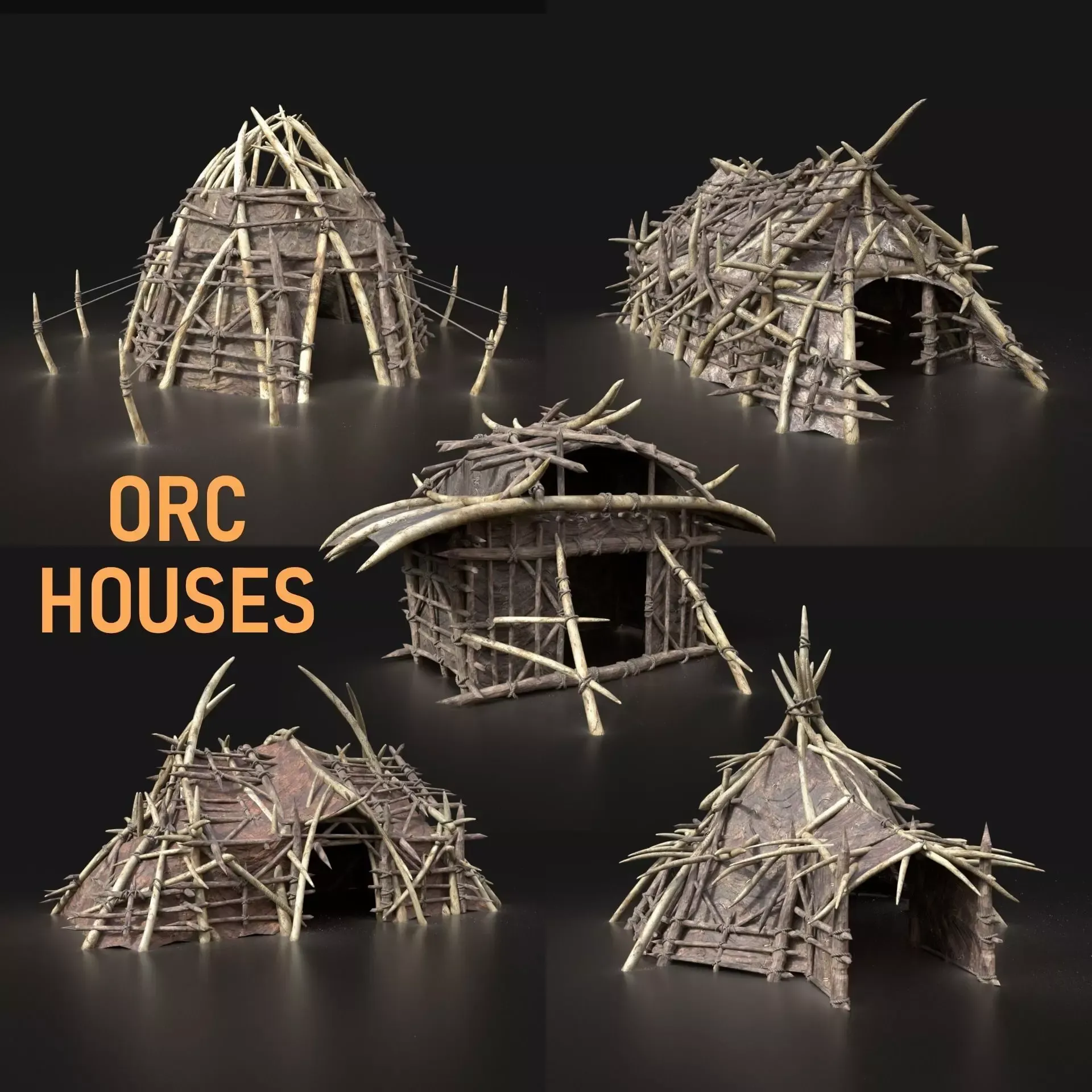 ORC CAMP VILLAGE HOUSE PRIMAL TENT HUNT BUILDER PACK COLLECTION Low-poly 3D Model .c4d .max .obj .3ds .fbx .stl .blend 