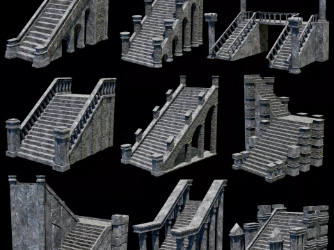STAIRS COLUMNS GATE STAIR PLATFORM PIER TEMPLE PORTAL COLLECTION Low-poly 3D Model