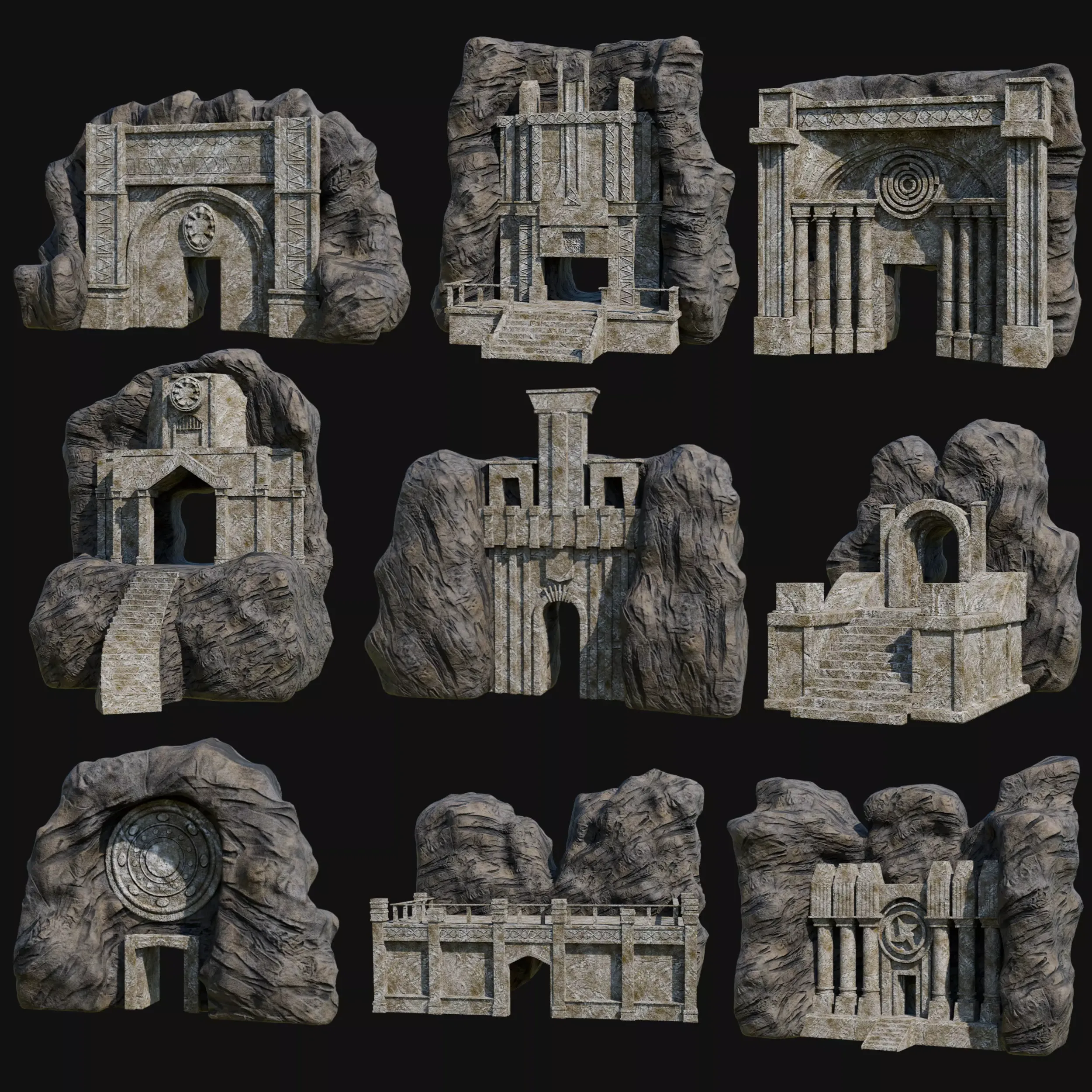 CAVE ENTRANCE GATE PORTAL DUNGEON ANCIENT TEMPLE COLLECTION Low-poly 3D Model .c4d .max .obj .3ds .fbx .stl .blend 