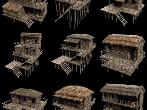 PIRATE BAY WILD HIDEOUT JUNGLE HARBOR HOUSE HUT COLLECTION Low-poly 3D Model