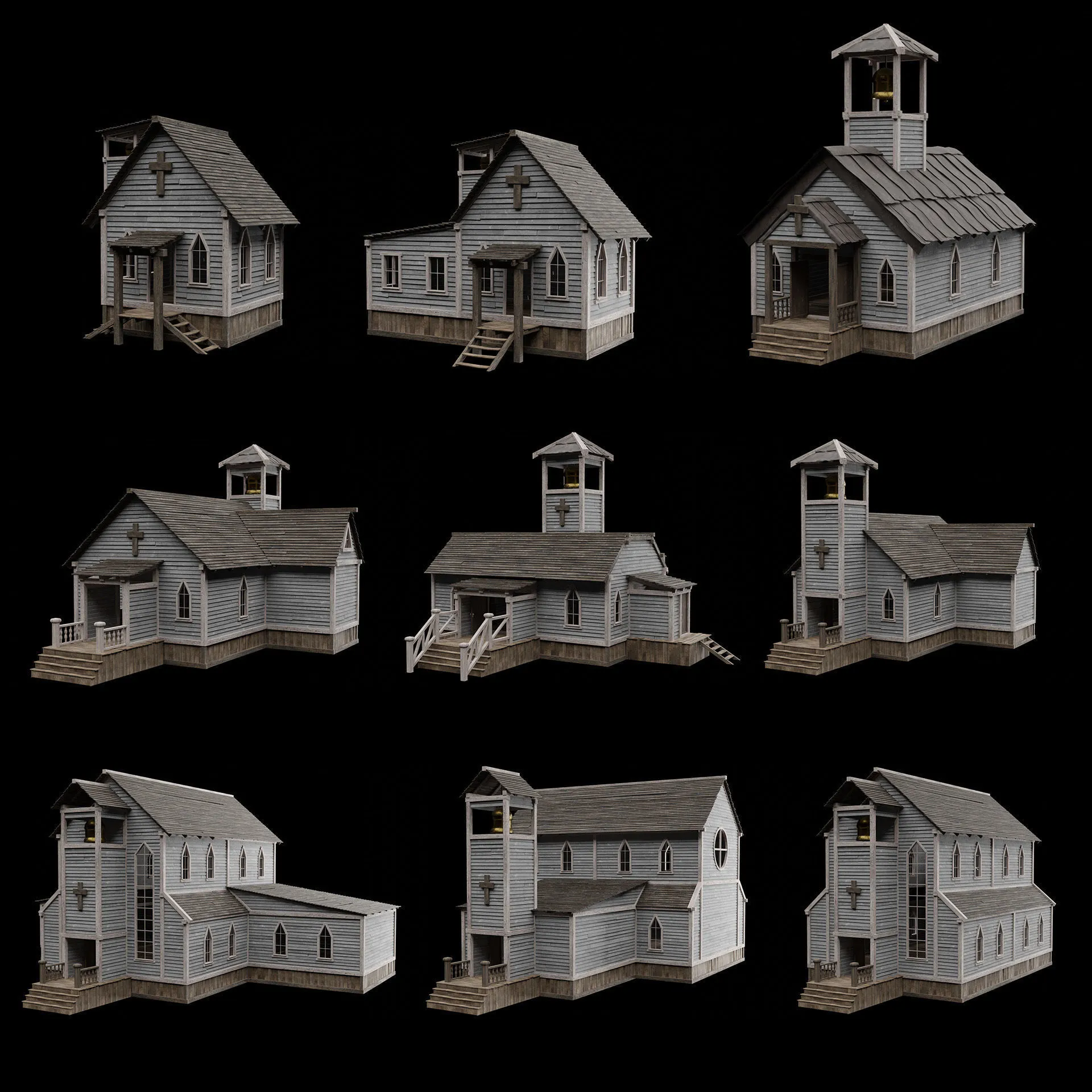 WILD WEST WESTERN CHURCH CHAPEL CATHEDRAL TEMPLE COLLECTION Low-poly 3D Model .c4d .max .obj .3ds .fbx .stl .blend 