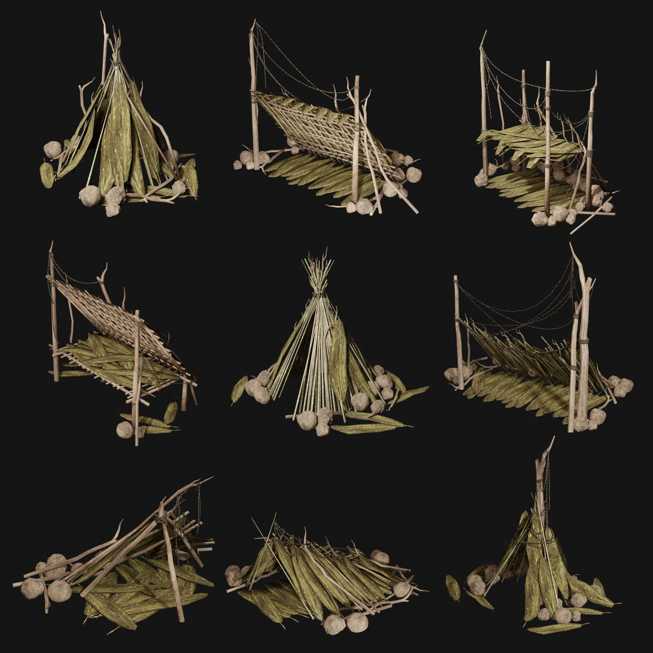 JUNGLE SWAMP SHELTER HUT HUNTER WILD TENT AAA COLLECTION Low-poly 3D Model .c4d .max .obj .3ds .fbx .stl .blend