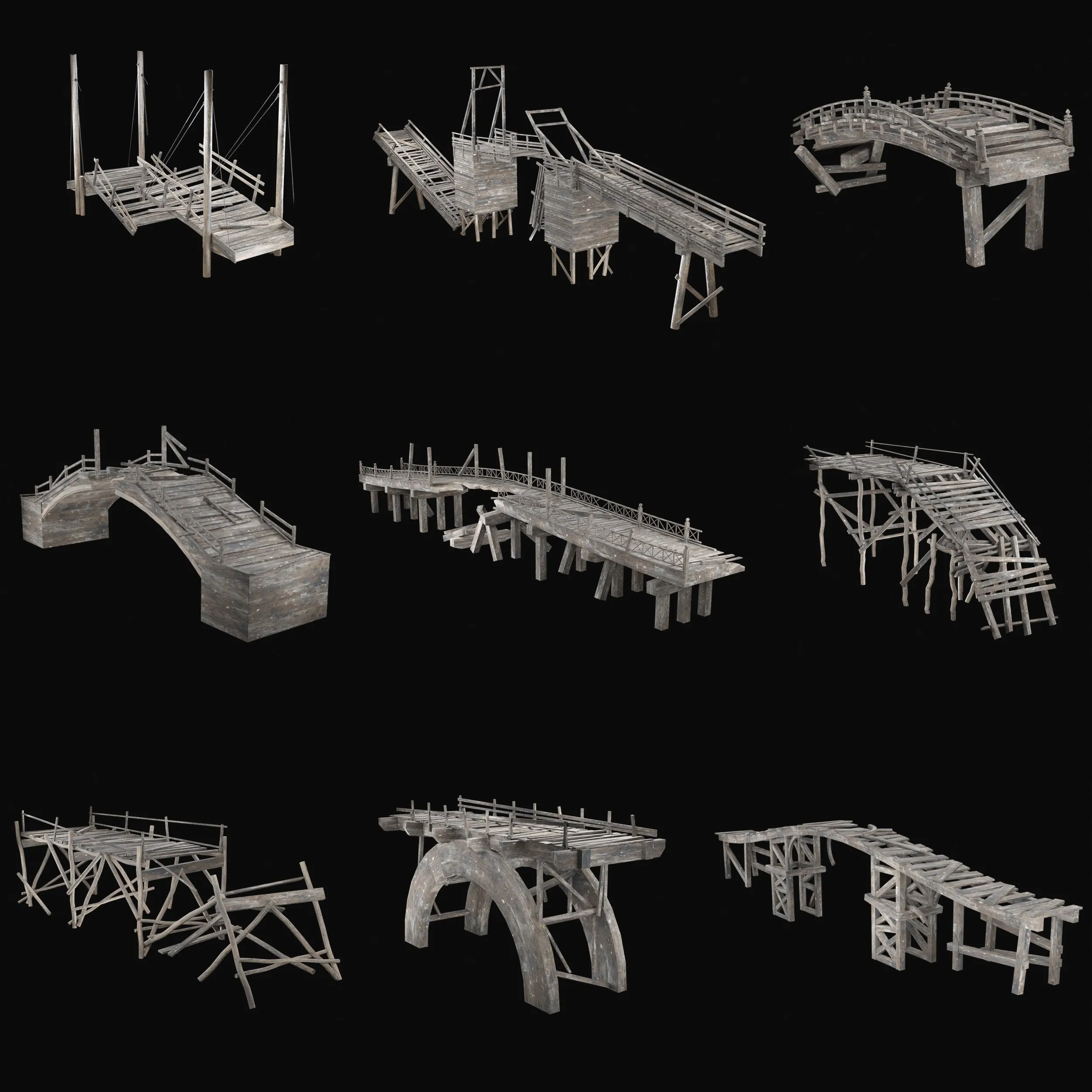 DESTROYED WOODEN BRIDGE MEDIEVAL FANTASY ROAD OLD COLLECTION Low-poly 3D Model .c4d .max .obj .3ds .fbx .stl .blend 