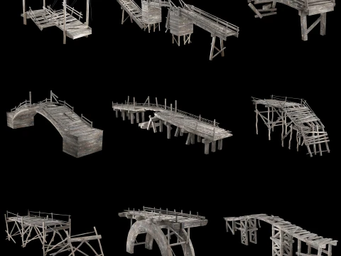 DESTROYED WOODEN BRIDGE MEDIEVAL FANTASY ROAD OLD COLLECTION Low-poly Modelo 3D
