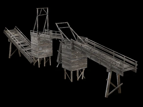 DESTROYED WOODEN BRIDGE MEDIEVAL FANTASY ROAD OLD COLLECTION Low-poly 3D Model
