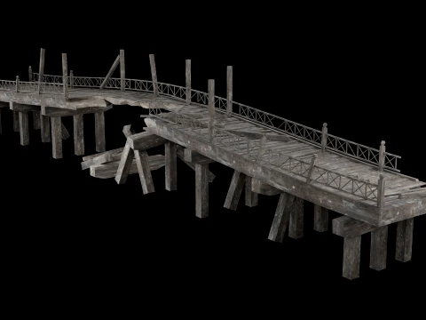 DESTROYED WOODEN BRIDGE MEDIEVAL FANTASY ROAD OLD COLLECTION Low-poly 3D Model