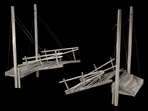 DESTROYED WOODEN BRIDGE MEDIEVAL FANTASY ROAD OLD COLLECTION Low-poly 3D Model