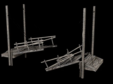 DESTROYED WOODEN BRIDGE MEDIEVAL FANTASY ROAD OLD COLLECTION Low-poly 3D Model
