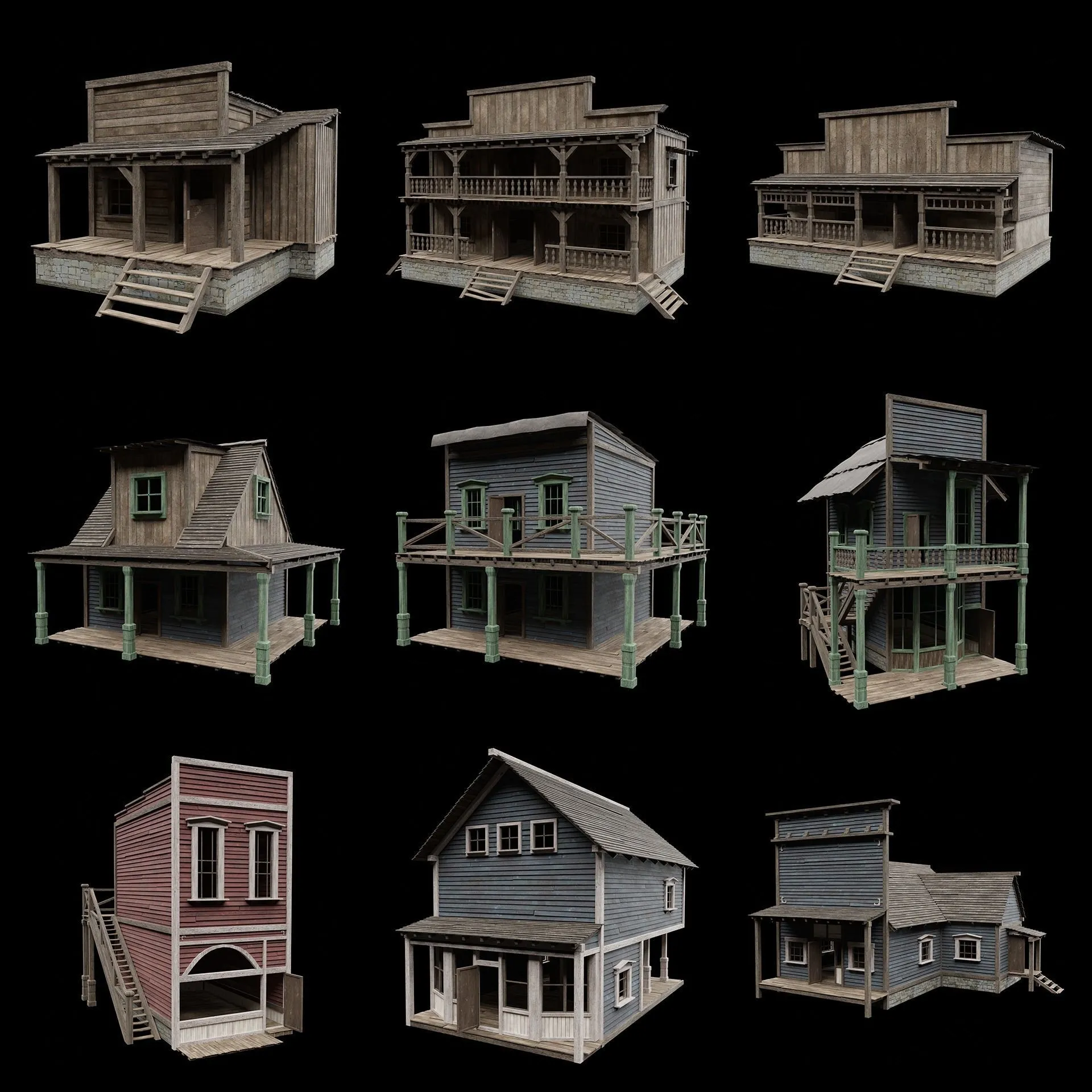 WILD WEST WESTERN HOUSE HUT COTTAGE CABIN BUILDING COLLECTION Low-poly 3D Model .c4d .max .obj .3ds .fbx .stl .blend 