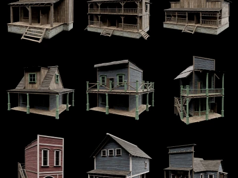 WILD WEST WESTERN HOUSE HUT COTTAGE CABIN BUILDING COLLECTION Low-poly 3D Model