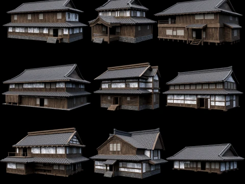 JAPANESE BIG FEUDAL HOUSES HUTS VILLAGE BUILDINGS COLLECTION Low-poly 3D Model