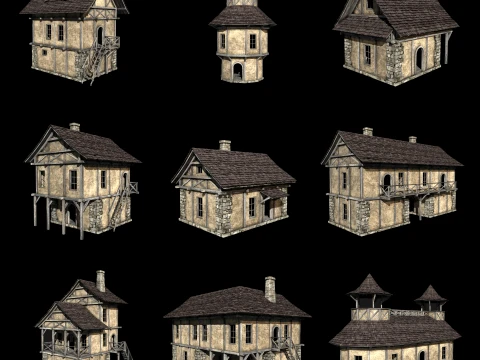 FANTASY MEDIEVAL HOUSE HUT BUILDING CITY TOWN VILLAGE COLLECTION Low-poly 3D Model
