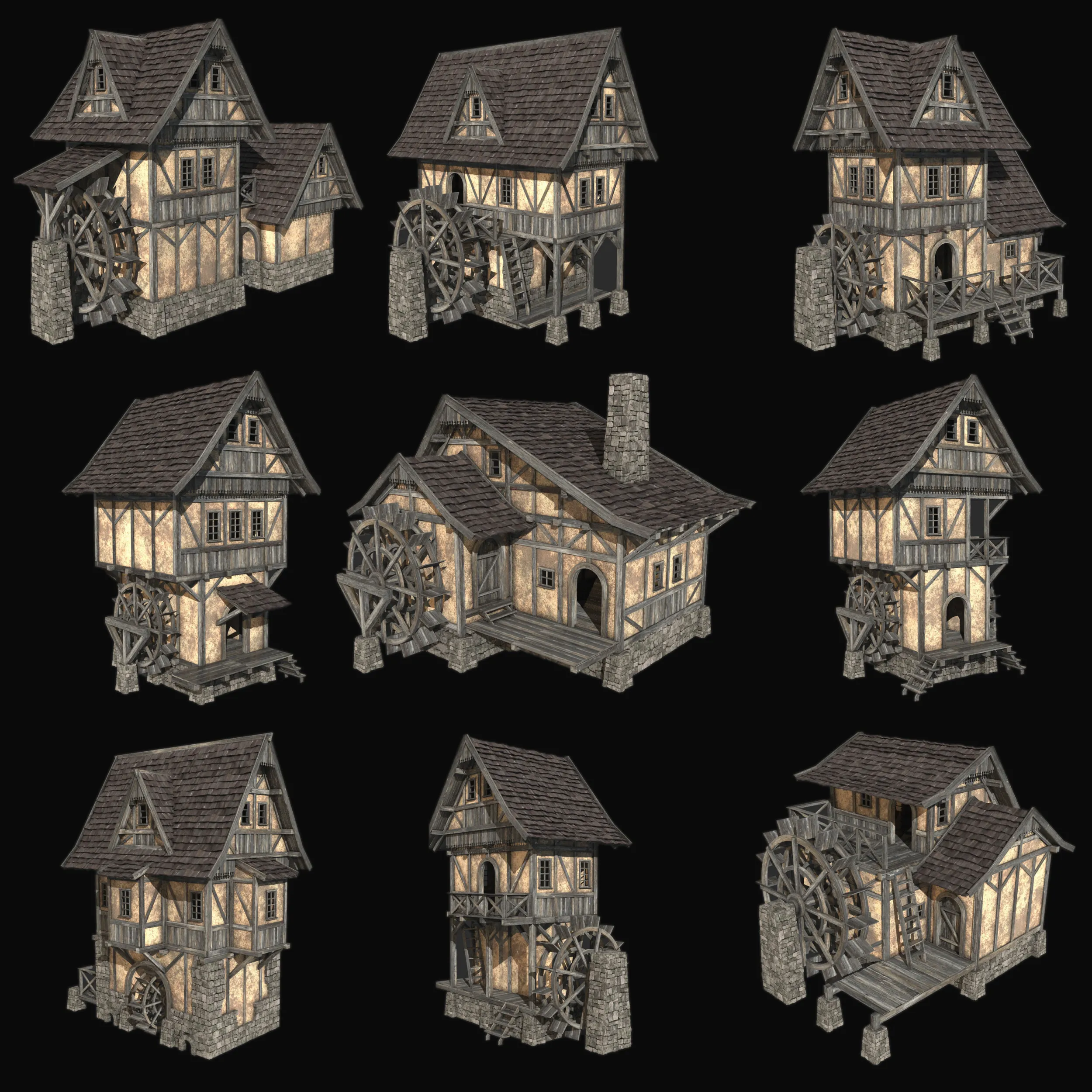 FANTASY WATERMILL MEDIEVAL BUILDING HOUSE HUT TOWN COLLECTION Low-poly 3D Model .c4d .max .obj .3ds .fbx .stl .blend 
