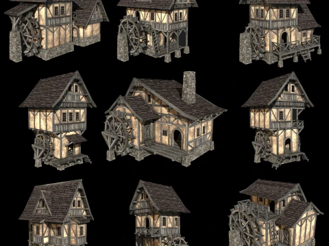 FANTASY WATERMILL MEDIEVAL BUILDING HOUSE HUT TOWN COLLECTION Low-poly 3D Model