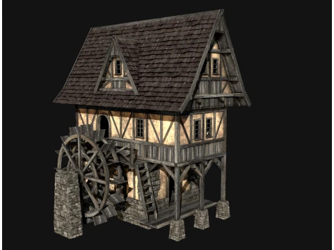 FANTASY WATERMILL MEDIEVAL BUILDING HOUSE HUT TOWN COLLECTION Low-poly 3D Model