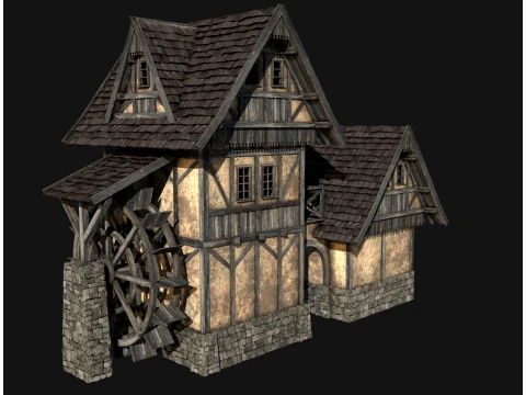 FANTASY WATERMILL MEDIEVAL BUILDING HOUSE HUT TOWN COLLECTION Low-poly 3D Model