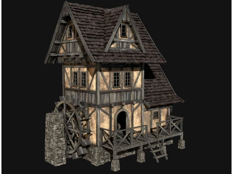 FANTASY WATERMILL MEDIEVAL BUILDING HOUSE HUT TOWN COLLECTION Low-poly 3D Model