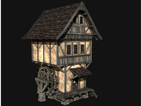 FANTASY WATERMILL MEDIEVAL BUILDING HOUSE HUT TOWN COLLECTION Low-poly 3D Model