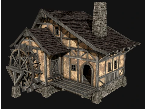 FANTASY WATERMILL MEDIEVAL BUILDING HOUSE HUT TOWN COLLECTION Low-poly 3D Model