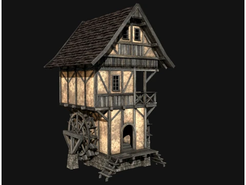 FANTASY WATERMILL MEDIEVAL BUILDING HOUSE HUT TOWN COLLECTION Low-poly 3D Model