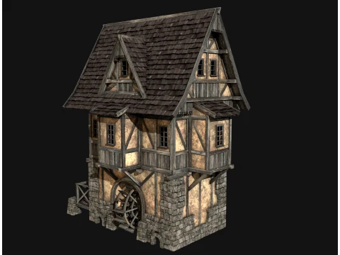 FANTASY WATERMILL MEDIEVAL BUILDING HOUSE HUT TOWN COLLECTION Low-poly 3D Model