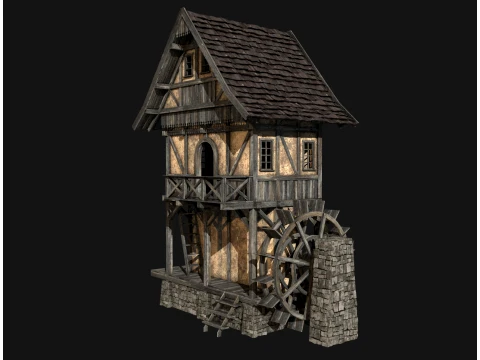FANTASY WATERMILL MEDIEVAL BUILDING HOUSE HUT TOWN COLLECTION Low-poly 3D Model