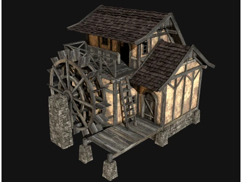 FANTASY WATERMILL MEDIEVAL BUILDING HOUSE HUT TOWN COLLECTION Low-poly 3D Model