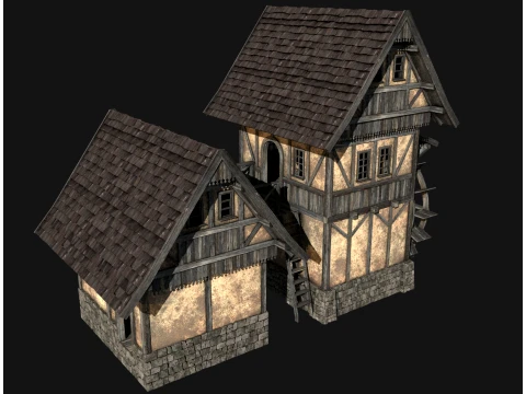 FANTASY WATERMILL MEDIEVAL BUILDING HOUSE HUT TOWN COLLECTION Low-poly 3D Model