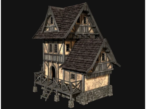 FANTASY WATERMILL MEDIEVAL BUILDING HOUSE HUT TOWN COLLECTION Low-poly 3D Model