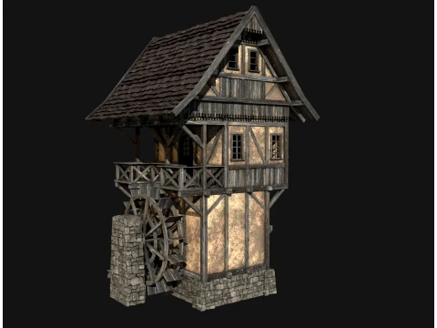 FANTASY WATERMILL MEDIEVAL BUILDING HOUSE HUT TOWN COLLECTION Low-poly 3D Model