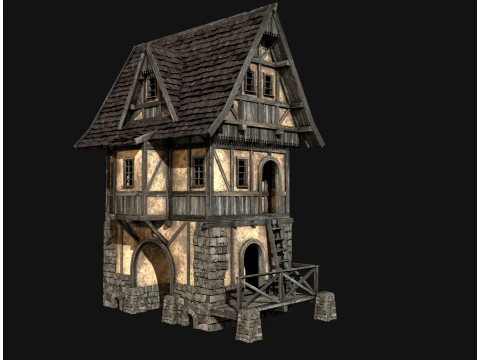 FANTASY WATERMILL MEDIEVAL BUILDING HOUSE HUT TOWN COLLECTION Low-poly 3D Model
