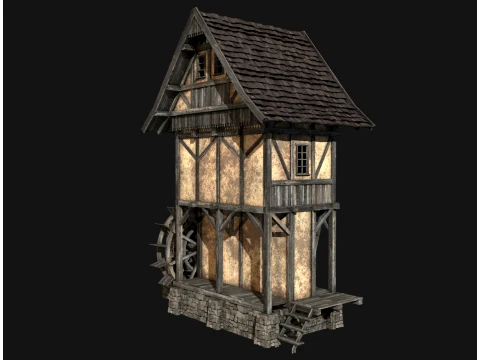 FANTASY WATERMILL MEDIEVAL BUILDING HOUSE HUT TOWN COLLECTION Low-poly 3D Model