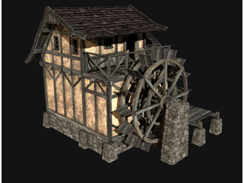 FANTASY WATERMILL MEDIEVAL BUILDING HOUSE HUT TOWN COLLECTION Low-poly 3D Model