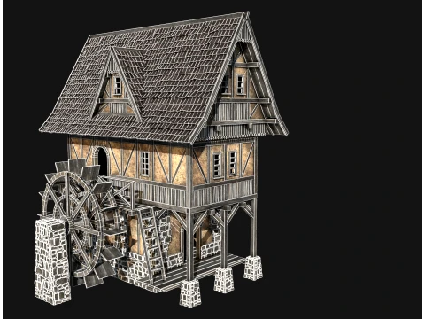 FANTASY WATERMILL MEDIEVAL BUILDING HOUSE HUT TOWN COLLECTION Low-poly 3D Model