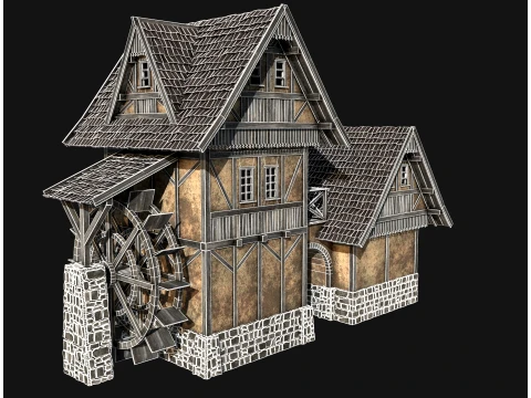 FANTASY WATERMILL MEDIEVAL BUILDING HOUSE HUT TOWN COLLECTION Low-poly 3D Model