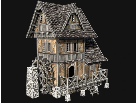 FANTASY WATERMILL MEDIEVAL BUILDING HOUSE HUT TOWN COLLECTION Low-poly 3D Model