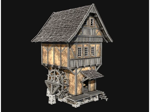FANTASY WATERMILL MEDIEVAL BUILDING HOUSE HUT TOWN COLLECTION Low-poly 3D Model