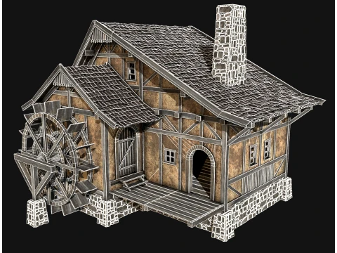 FANTASY WATERMILL MEDIEVAL BUILDING HOUSE HUT TOWN COLLECTION Low-poly 3D Model